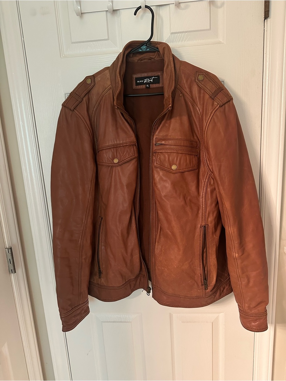 Black Rivet Men's Cognac Brown Leather Bomber Jacket